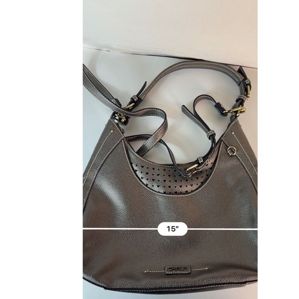 Chala Metallic Pewter Faux Leather Heart Cut-Out Hobo Shoulder Crossbody Bag - Picture 10 of 12
